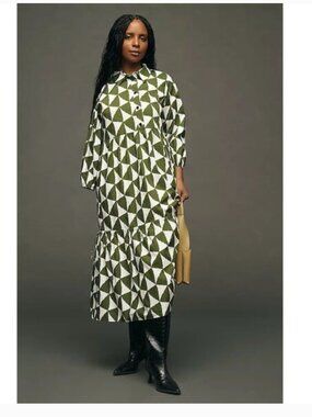 NWT Anthropologie Maeve The Bettina Tiered Shirt Dress Green & White Geometric